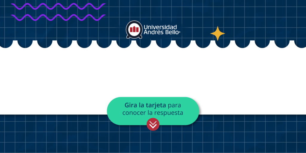 Banner with dark blue grid background, purple wavy lines, the Universidad Andrés Bello logo, scalloped bottom edge, and a teal rounded button reading 'Gira la tarjeta para conocer la respuesta' with a small red circle containing a downward chevron indicating to rotate the card.