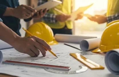 ingenieros en construcción revisando planos